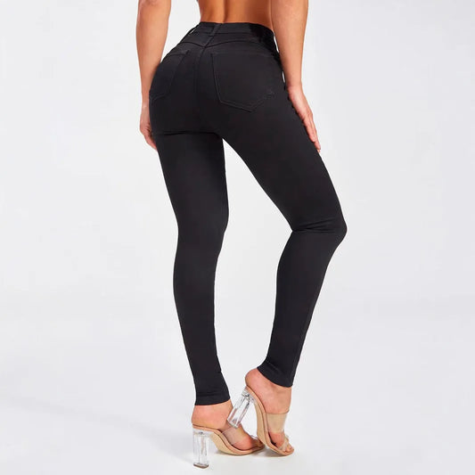 Women's Mid-Waist Slim Fit Black Denim Pants Elastic Casual Style Comfortable Cotton Long Trousers Versatile All-Season Jeans.