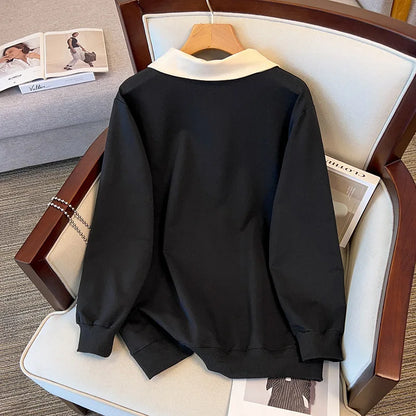 175kg plus size Damen büste Herbst lose Revers Sweatshirt Langarm lässig Top schwarz Aprikose 6xl 7xl 8xl 9xl 10xl 11xl