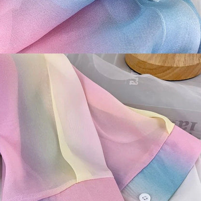 Irregular Gradient Rainbow Long Sleeved Shirt And Blouses Thin Youthful Women's Clothing Loose Top Pink Casual Transparent New.