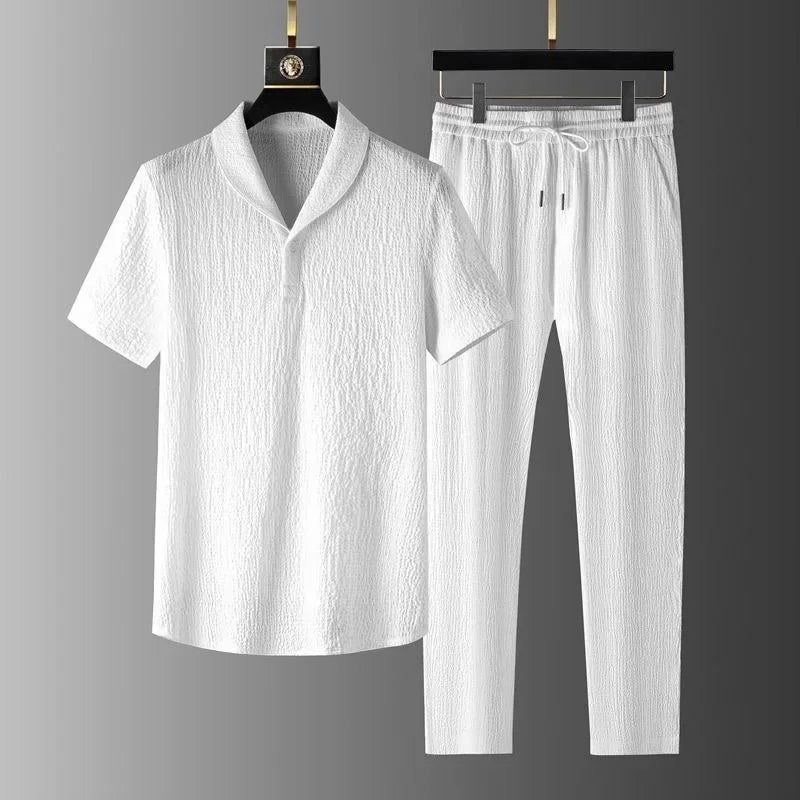 Summer Casual Thin Linen Set Men's Sport Suit Outdoor Wear Short Sleeve Long Pants Two-Piece Set Lightweight Comfortable Fit.