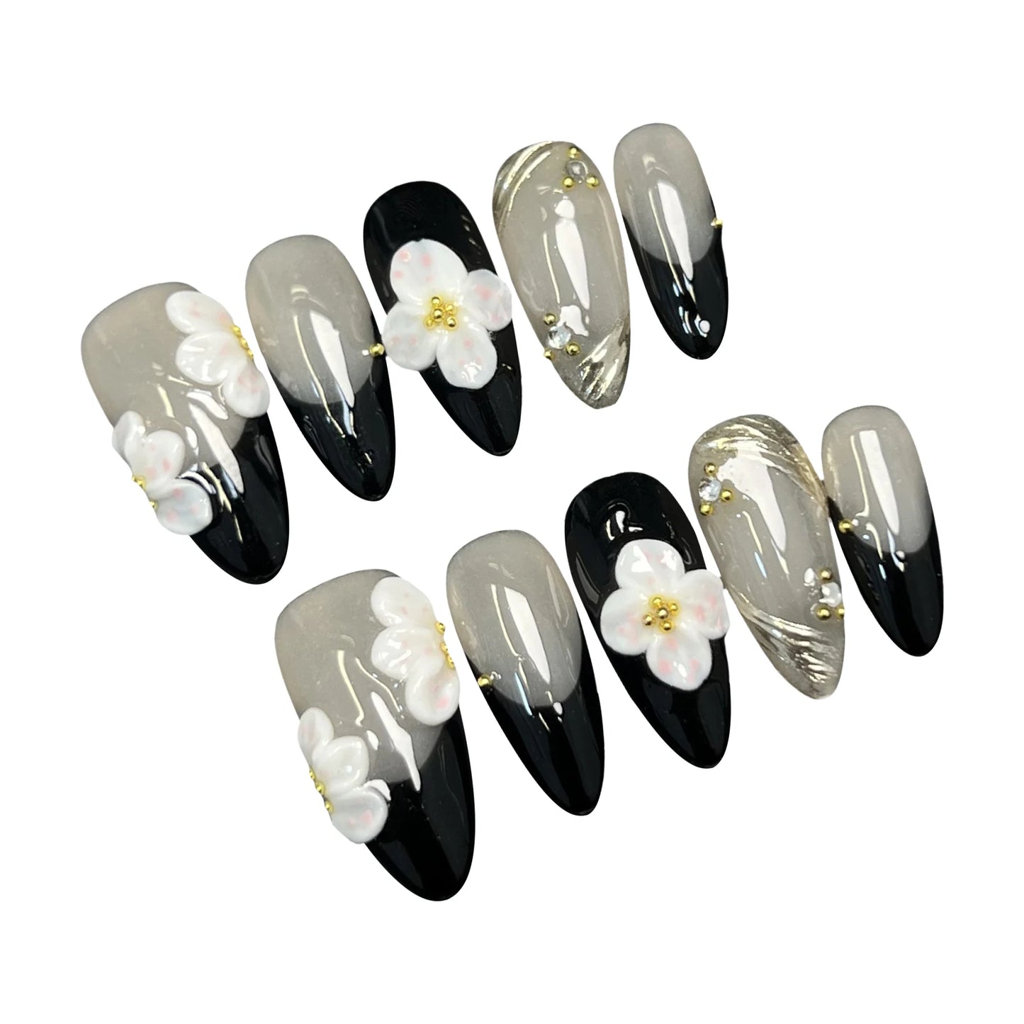 10Pcs Handmade Press On Nails Simple DIY Manicure Almond Black French Tips Fake Nails 3D White Flower Designs False Nails Art.