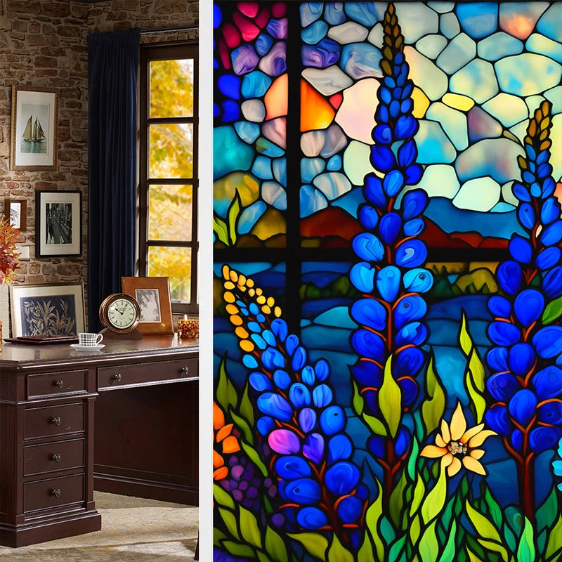 Colorful Retro Flower Bird Window Film PVC Electrostatic Glass Stickers Stained Window Films Static Cling Frosted Glass Film.