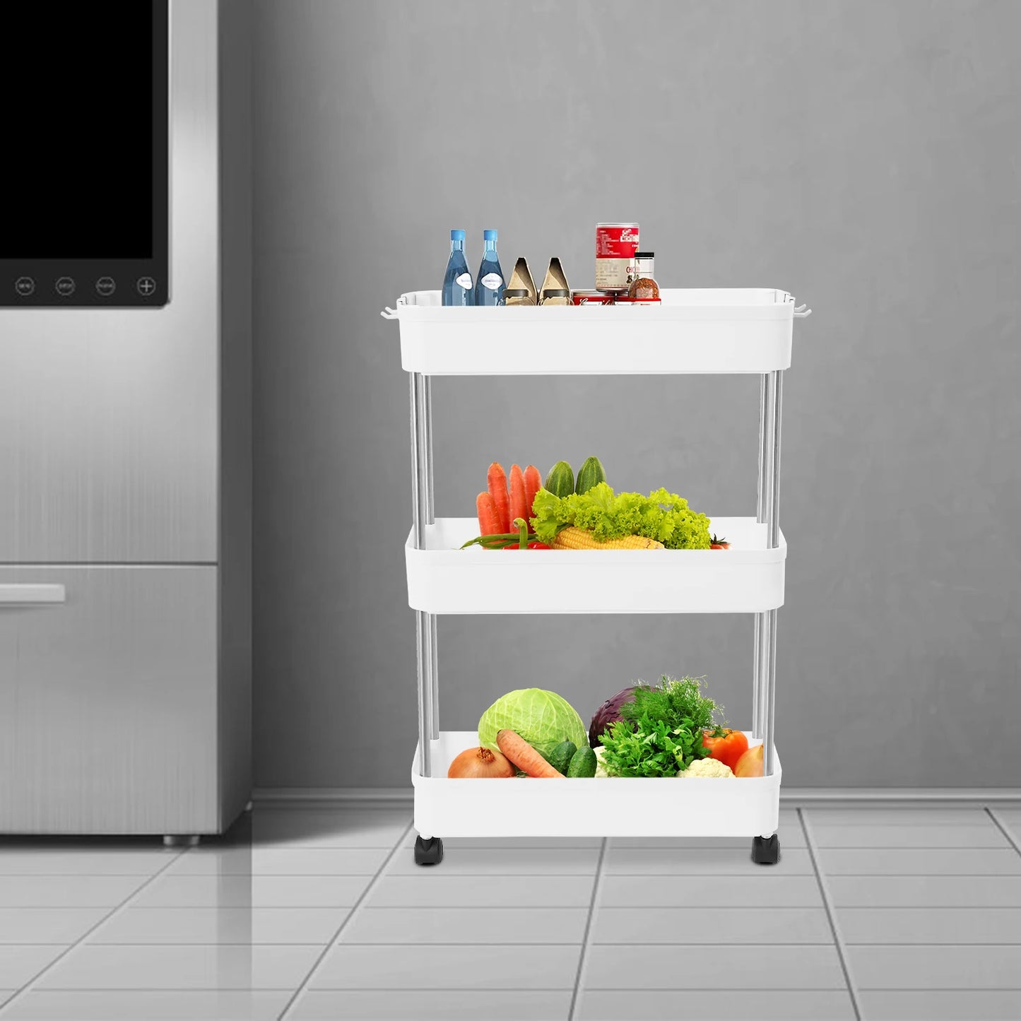 3-lagiges Rollwagen-Regal, bodenstehendes Lagerregal mit 4 Universalrädern, 4 Haken, Küche, Badezimmer, Organizer