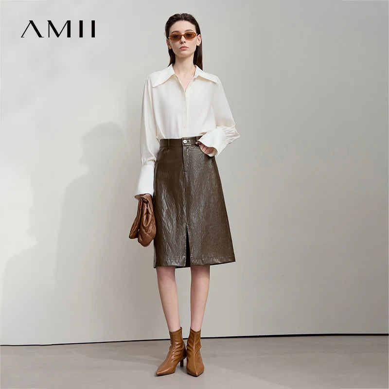 AMII Minimalist PU Leather Skirt For Women 2025 American Retro Knee-Length Skirt Solid Basics Business Women's Clothing 12553014.
