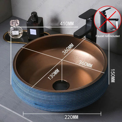 Understated Luxus-Waschbecken aus Metallglasur, Keramik, blaue Muster, Hotel- und Heimwaschbecken, kreative Kunst, Balkon-Waschbecken im Freien