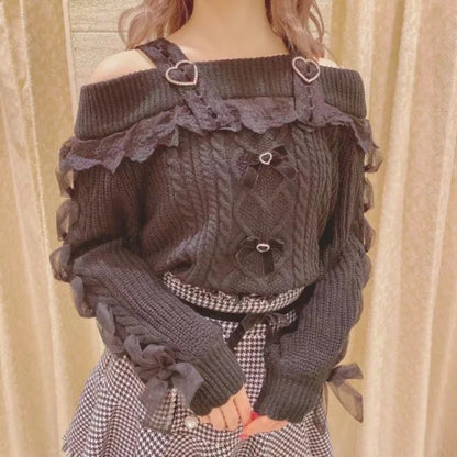 Vintage Sweet Lolita Style Knitted Pullover Autumn Girls Cute Off Shoulder Lace Ruffles Bow Sweater Women Harajuku Knitwear Tops