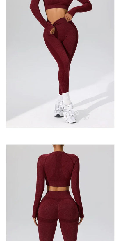 Autumn Winter Yoga Fitness Sportswear Long Sleeve Women's Top And Bottoms Quick Dry Set Finger Snap Gymnastics Outfit.