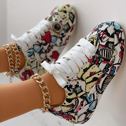 Women's Graffiti Print Sneakers Fashion Lace-up Low-top Platform Sneakers Casual Skateboard Shoes Sneakers New Vulcanized Shoes.