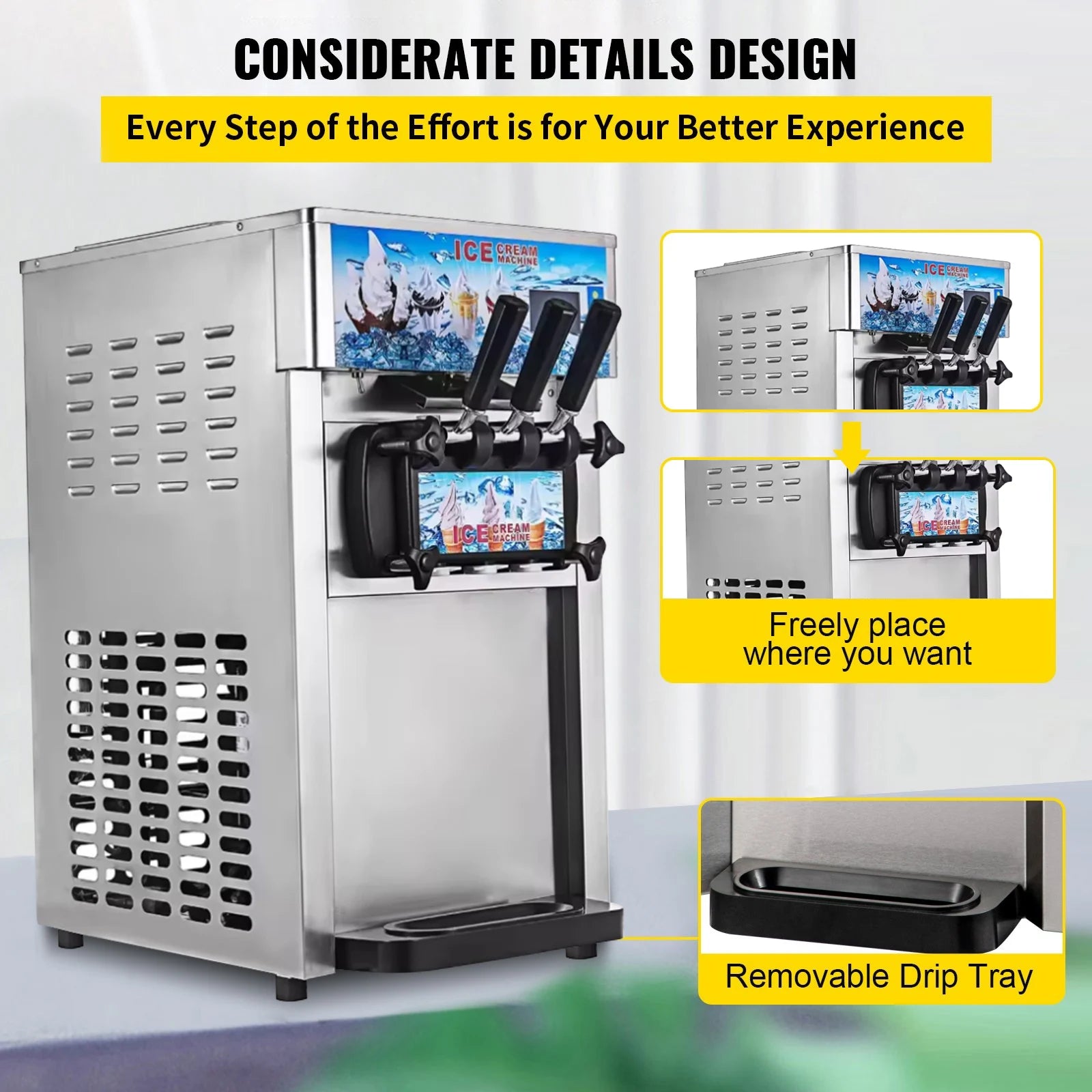 SIHAO Commercial Soft Serve Ice Cream Machine - Tri-Flavor 18L/H with LCD Display & One-Touch Cleaning for Dessert Shops, Cafes.