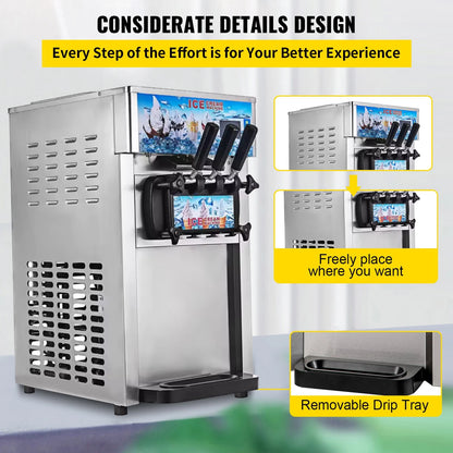 SIHAO Commercial Soft Serve Ice Cream Machine - Tri-Flavor 18L/H with LCD Display & One-Touch Cleaning for Dessert Shops, Cafes.