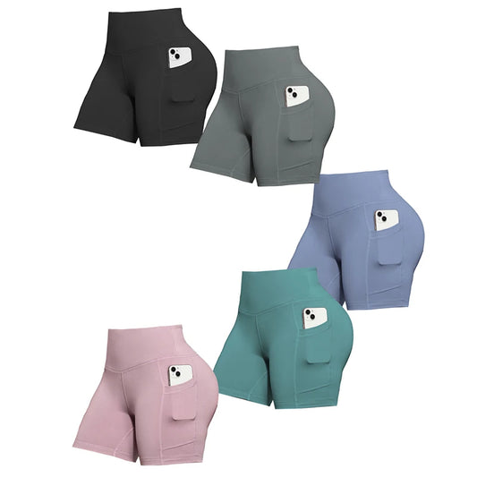 Solid Color Women Shorts with Pockets Butt Lifting Workout Cycling Tights Outdoor Jogging Shorts Fashion Streetwear.