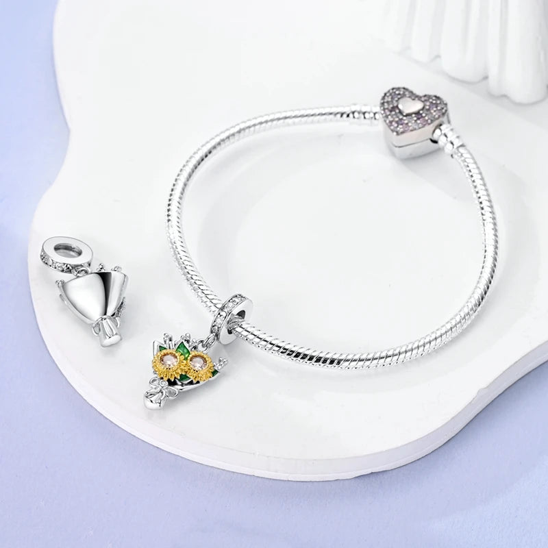 Flowers Series 925 Sterling Silver Sunflowers Tulip Carnation Charms Fit Original Bracelet  For Women Jewelry Making.