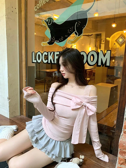 Morning Collar French Style One Shoulder Butterfly Knot Long Sleeve T-Shirt Women's Autumn Winter Slim Fit Inner Wear Top.