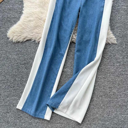 Denim Two Piece Sets Women Jeans Suit Lace Y2k Top Wide Leg Pants Zipper Lace Up Patchwork Trousers Outfits Ensemble Summer 2025.