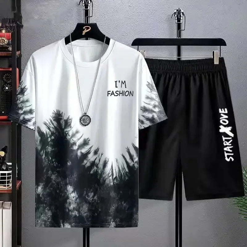 Cool Ice Silk Short Sleeve And Shorts Sports Set for Men Summer 2025 New Style Trendy Teenagers Casual Fashion Outfit.