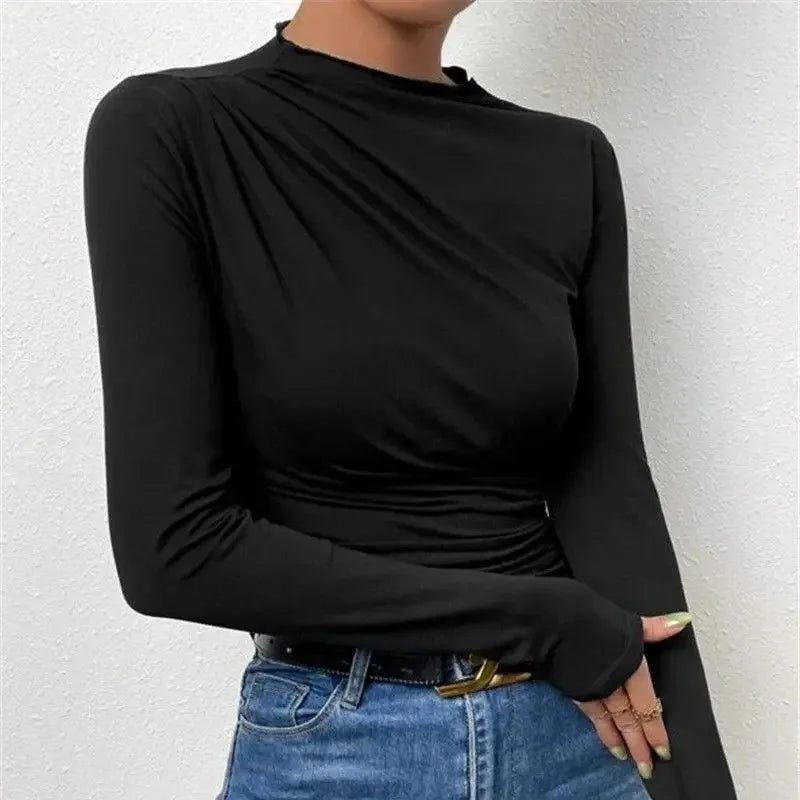 New Pure Color Folded High Collar Slim Fit Long Sleeve T-Shirt Grey Autumn Winter Versatile Design Base Layer Women's Top.