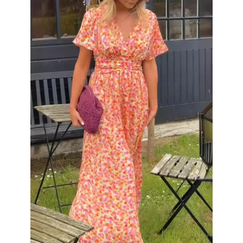 Shein 2024 Neues langes Damenkleid, elegantes bedrucktes, tailliertes Kleid mit V-Ausschnitt, modische Außenhandelskleidung.