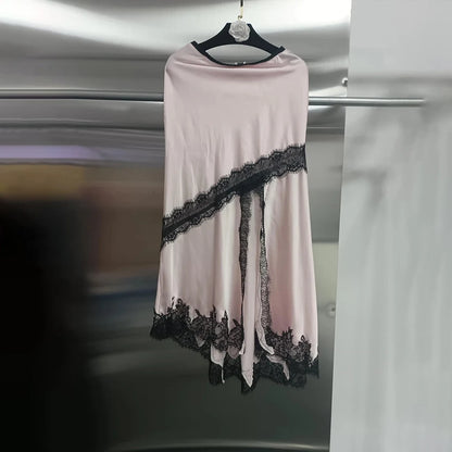 GALCAUR Hit Color Sheer Spliced Lace Elegant Skirts for Women High Waist Patchwork Split Temperament Skirt Female Fashion Style