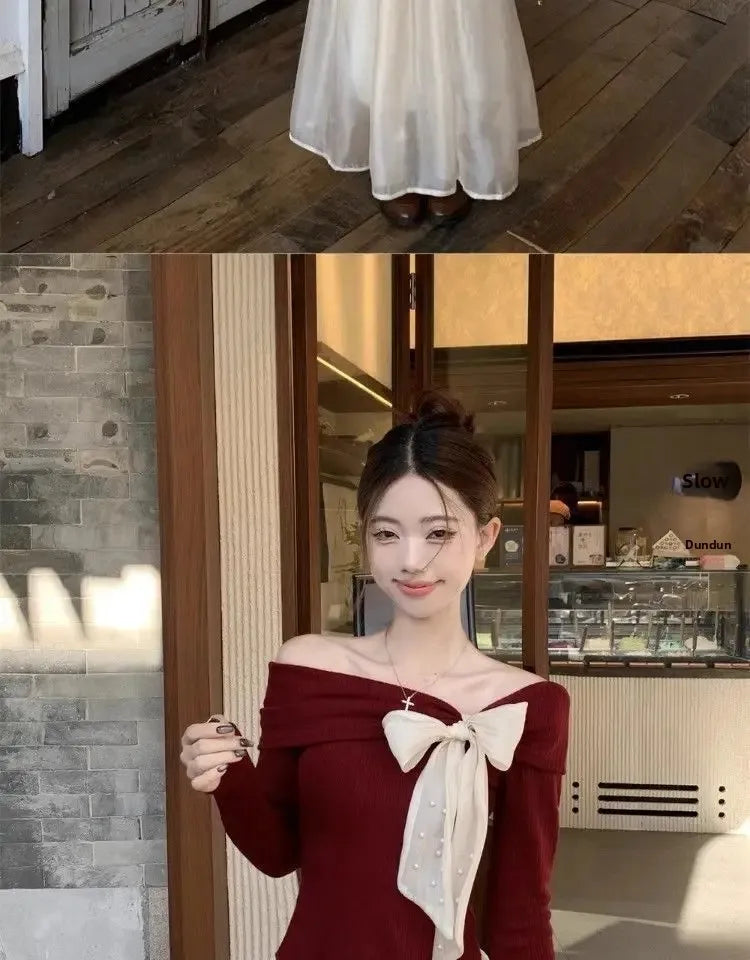 Red One-Shoulder Long-Sleeve Knitted Sweater Women's Spring New Year Slim Fit Short Top Butterfly Knot Decorated Cotton T-shirt.