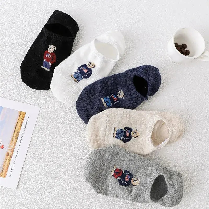 5 Pairs of Super Cute Bear Embroidered Cartoon Bear Boat Socks, Soft and Comfortable, Sweat Wicking and Versatile Short Socks.