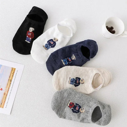 5 Pairs of Super Cute Bear Embroidered Cartoon Bear Boat Socks, Soft and Comfortable, Sweat Wicking and Versatile Short Socks.