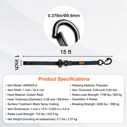 SucceBuy 4 Stück Anhänger-Ratschen-Spanngurte mit gepolsterten Griffen, Haken-Bremsbindegürtel für die Bewegen, Sicherung von Fracht und Motorrädern
