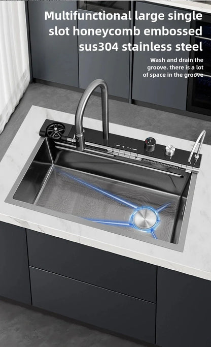 Stainless Steel Kitchen Sink Waterfall Faucet Large Single Sink Intelligent Dishwasher Sink Digital Display and Light Effects
