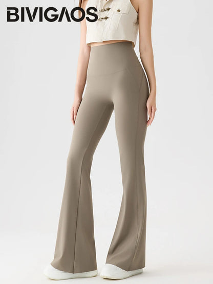 BIVIGAOS Naked Feeling Back Waist Pocket Sharkskin Micro Flared Leggings Women's Tight Sexy Sports Fitness Yoga Casual Pants.