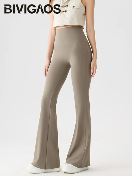 BIVIGAOS Naked Feeling Back Waist Pocket Sharkskin Micro Flared Leggings Women's Tight Sexy Sports Fitness Yoga Casual Pants.