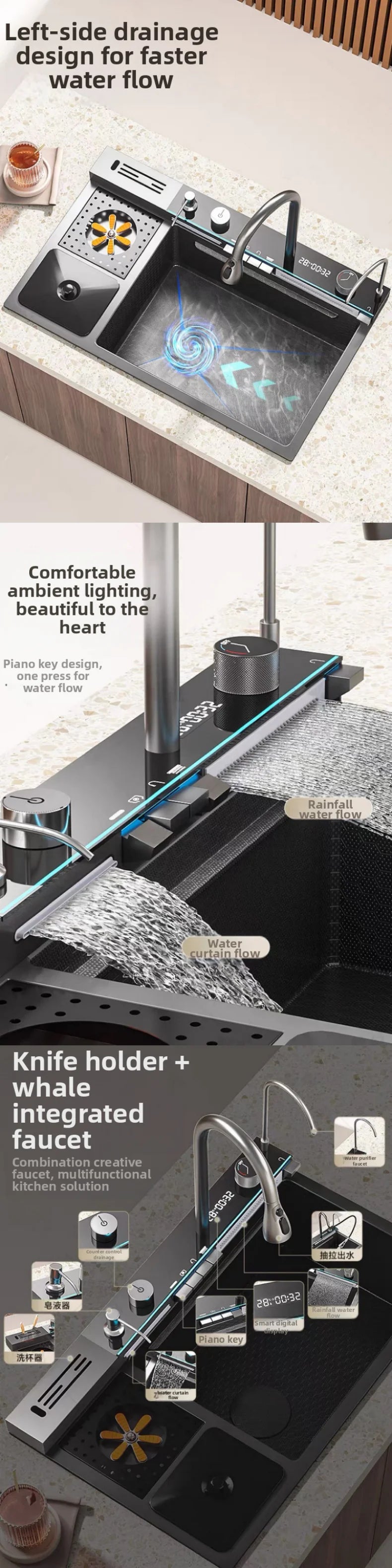 spülbecken küchen new design High-end kitchen sink Knife holder with integrated whale-shaped faucet storage trash can 82*48cm