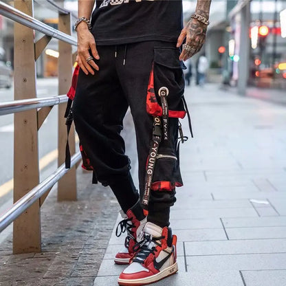 Men's Cargo Pants Casual Hip Hop Hit Color Multiple Pockets Trousers Streetwear Ribbons Techwear Sweatpants.