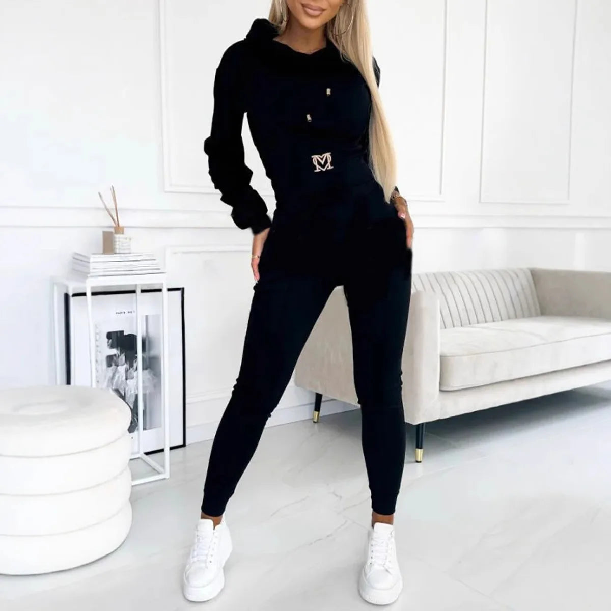 Casual Solid Color Hooded Slim Long-sleeved Top And Wide-sleeved Pants Suit Women 2025 Spring Top Lace-up Pants Suit For Women.