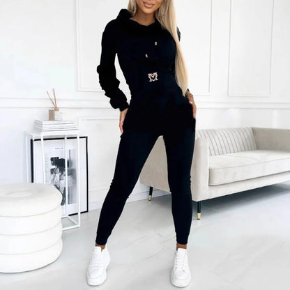 Casual Solid Color Hooded Slim Long-sleeved Top And Wide-sleeved Pants Suit Women 2025 Spring Top Lace-up Pants Suit For Women.