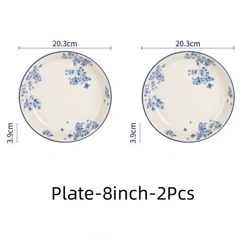 SOLECASA English Retro Ceramic Tableware Blue Flowers Pattern Household Salad Bowls Steak Plate Fruit Dessert Plates Dinnerware.