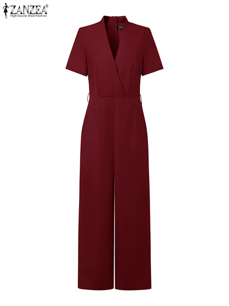 ZANZEA Street Fashion High Waist Jumpsuits Women Workwear Belt Rompers Solid Deep V Neck Elegant Office Lady Long Overalls