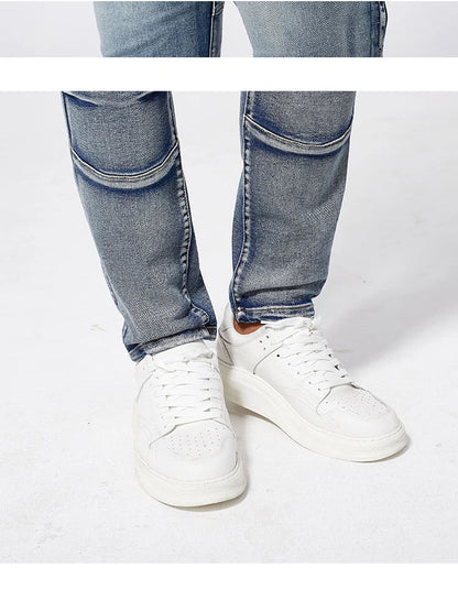 Two tone distressed patchwork jeans for men trendy jeans for summer thin straight leg pants slim fit small leg distressed jeans.