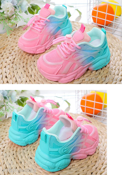 Girls Cute Gradient Mesh Sneakers Low Top Breathable glowing Platform Sports kids Shoes.