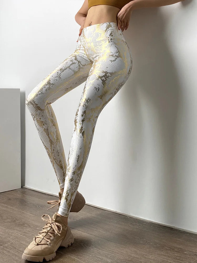 Snake Printed Yoga Pants Gilded Stretch Buttocks Sexy Casual Skinny Pants  For Women High Waist Elastic Fitness Sporty Leggings