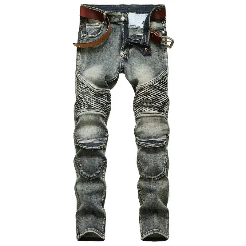 Herbst männer Patchwork Vintage Biker Jeans Hip Hop Hosen Dünne Gerade Elastische Radfahren Denim Hosen Männlichen Mode Streetwear.