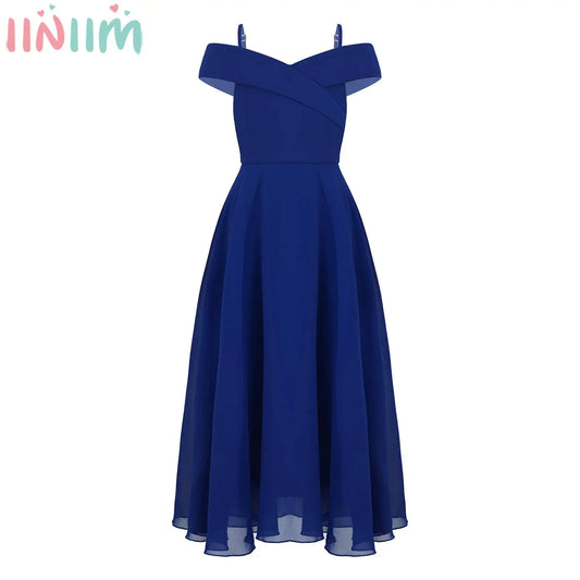 Elegantes Chiffon-Partykleid für Mädchen, schulterfrei, verstellbarer Spaghettiträger, bodenlanges Maxikleid für Hochzeit, Geburtstag, Abend