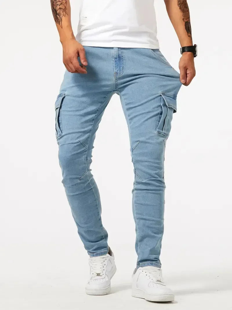 Street Elastic Jeans Men Denim Cargo Pants Wash Solid Color Multi Pockets Casual Mid Waist Trousers Slim Fit Daily Wear Joggers.
