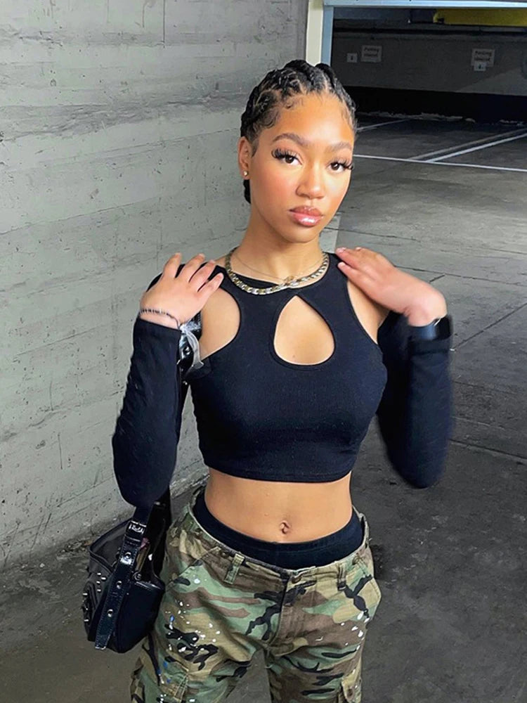 2023 sommer Langarm Abgeschnitten Korsett Frauen Top Sexy Ästhetischen Club O Neck Fee Grunge Schwarz frauen T-Shirt