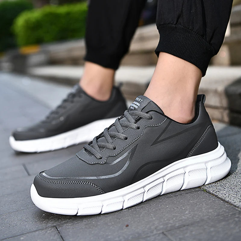 YRZL Black Running Shoes Leather Waterproof Athletic Sneakers Men Wear-resistant Men Walking Sport Shoes Comfortable Men Shoes.