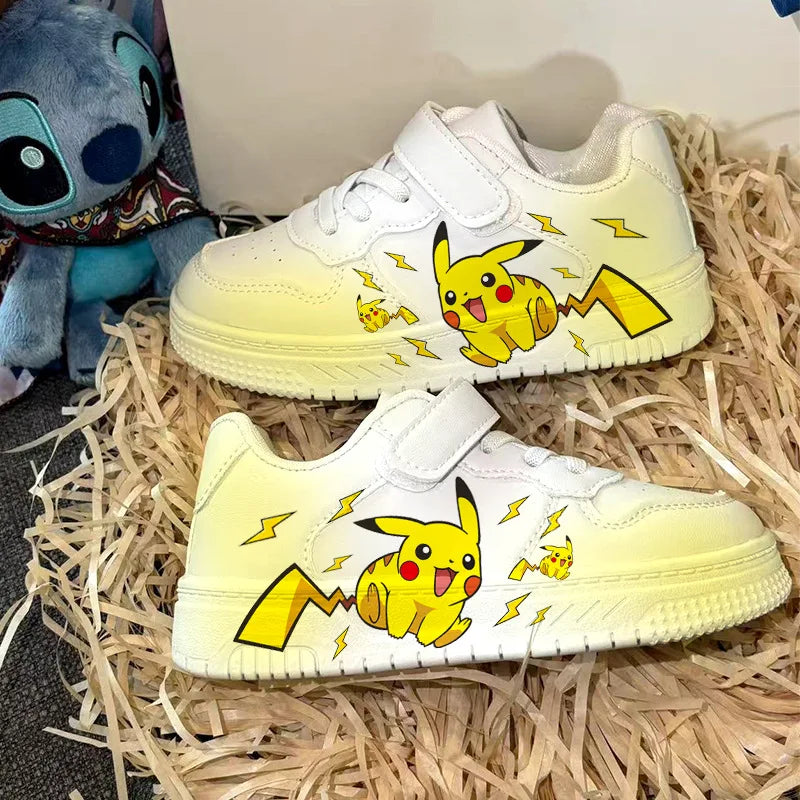 2025 Pikachu Cartoon Cute Unisex White Sneakers Spray Paint Kids Casual Shoes Cross Border Hot Sale.