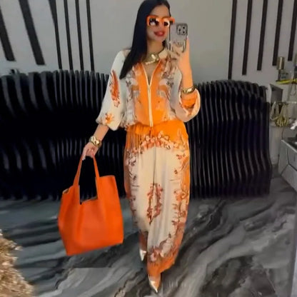 Summer Fashion Print Women's 2-piece Set Flower Zipper Baseball Uniform Drawstring Trousers Two-piece Outfit Elegant Office Suit.