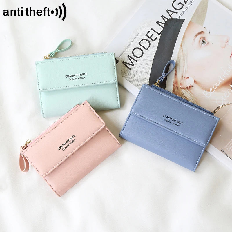 RFID Anti-Theft Short Card Bag for Women, Brush, PU, Solid Color, Zipper Buckle, Multi-functional Fashion, Small Purse.