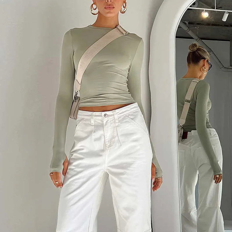 Modisches Damen-T-Shirt mit langen Ärmeln, Rundhalsausschnitt, solides Slim-Fit-Damen-Crop-Top mit Daumenlöchern für den täglichen Streetwear-Sommer-Camis