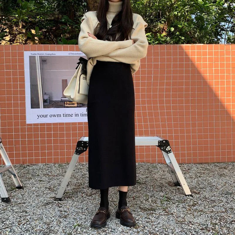 Temperament Black Slim Fit Long Skirt Women High Waist Knitted Straight One-Step Skirt Korean Fashion Office Lady Pencil Skirts.