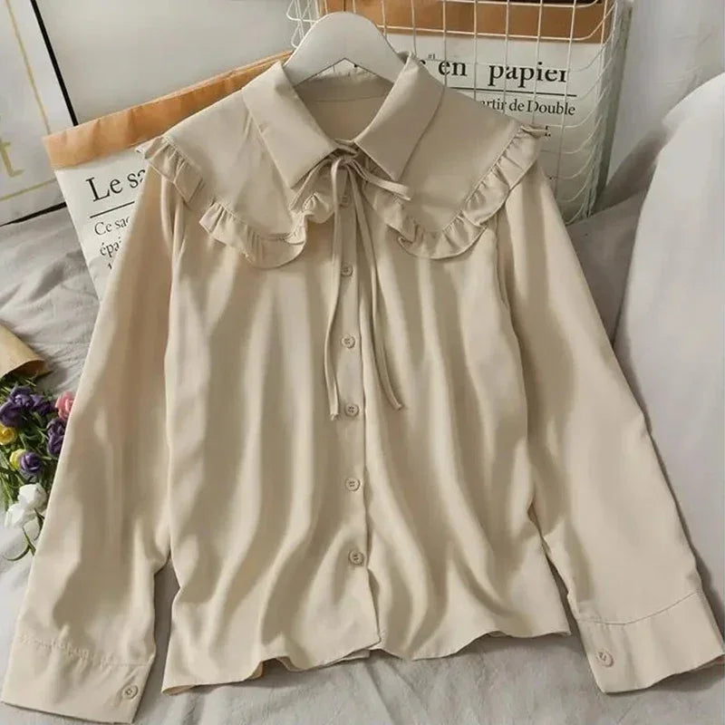 Spring Vintage Women Chiffon Shirts Korean Fashion Lace Up Loose Blouses Y2K Elegant Office Ladies Long Sleeve Outwear Tops New.