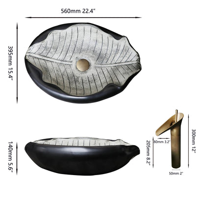 KEMAIDI Art Keramik-Badezimmerwaschbecken-Set, Waschbecken im Blatt-Stil mit Wasserfall, Antik-Messing-Wasserhahn und Abfluss, hochwertige Waschbecken aus Porzellan